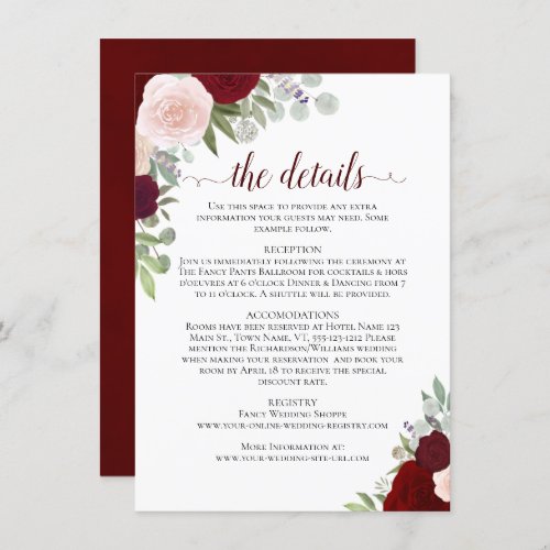 Red Burgundy  Pink Roses Rustic Wedding Details Enclosure Card