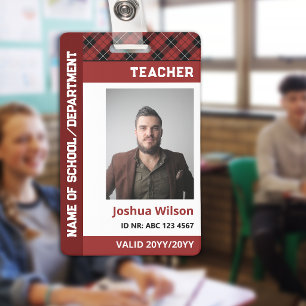 Red Burgundy Plaid Photo ID School Teacher Badge