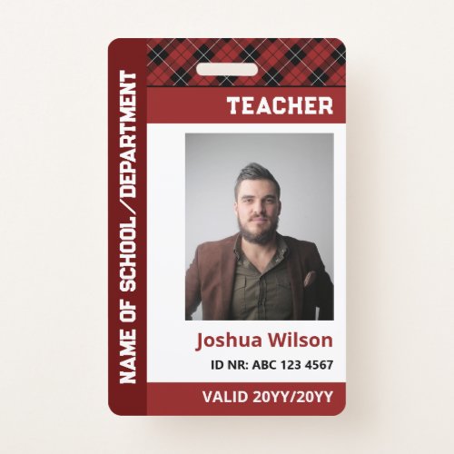 Red Burgundy Plaid Photo ID School Teacher Badge