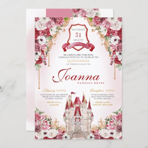 Red Burgundy Princess Castle Royal Quinceanera Invitation