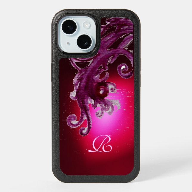 RED BURGUNDY PURPLE BERRIES AND SWIRLS MONOGRAM  iPhone 15 CASE (Back)