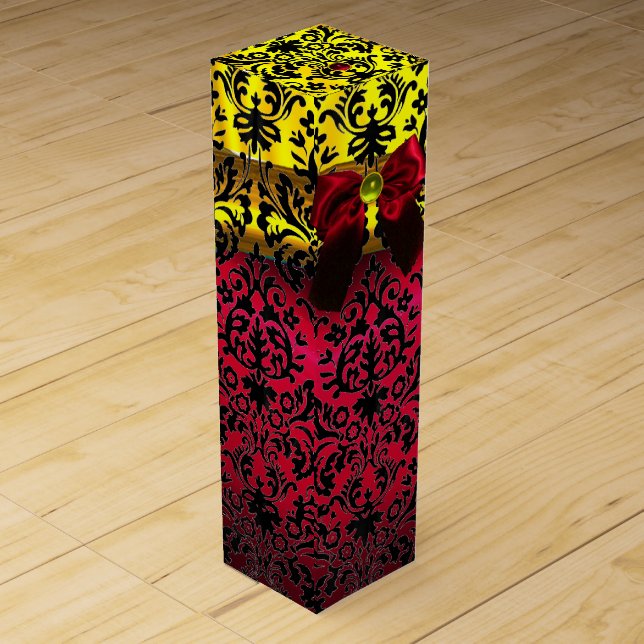 RED BURGUNDY RIBBON, BLACK GOLD ART NOUVEAU DAMASK WINE BOX (Front)