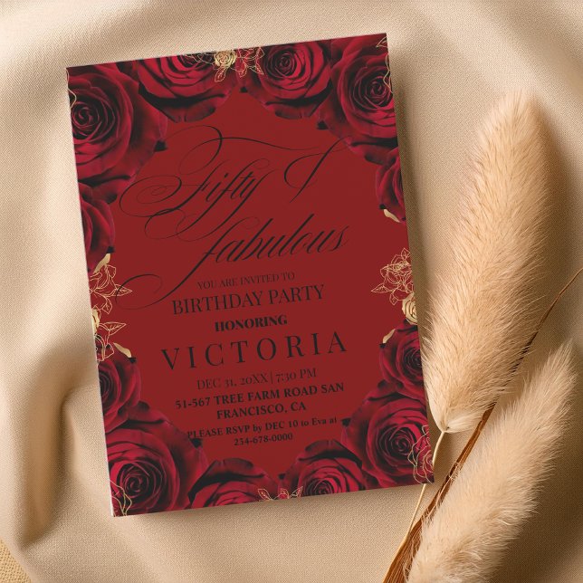  Red Burgundy Rose 50th & fabulous Birthday Party Invitation (Creator Uploaded)