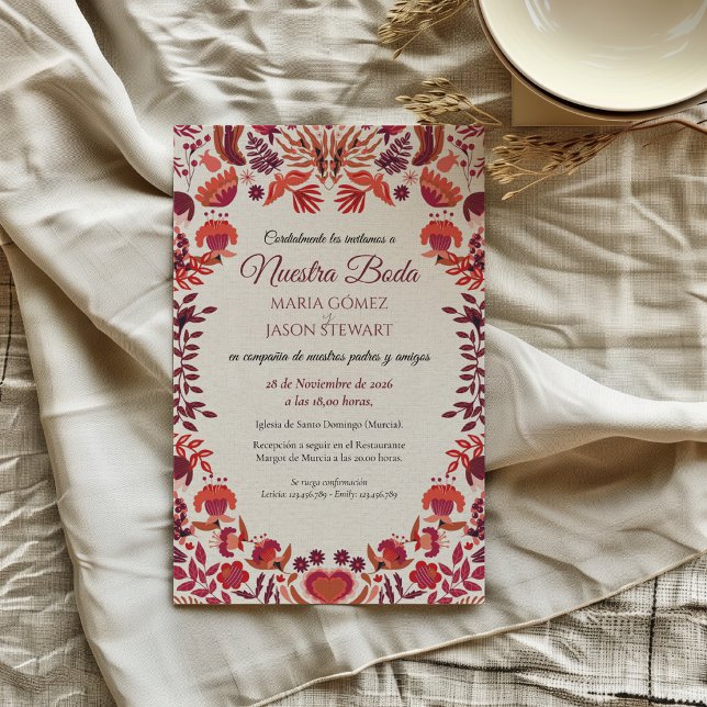Red Burgundy Rose Floral Botanical Spanish Wedding Invitation (Red Burgundy Rose Floral Botanical Spanish Wedding Invitation)