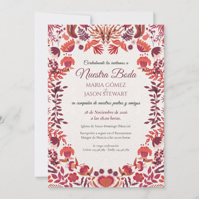 Red Burgundy Rose Floral Botanical Spanish Wedding Invitation (Front)