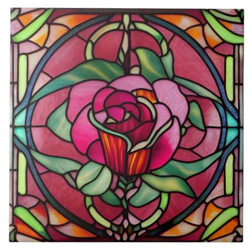 Red Burgundy Rose Floral Stained Glass Style Ceramic Tile