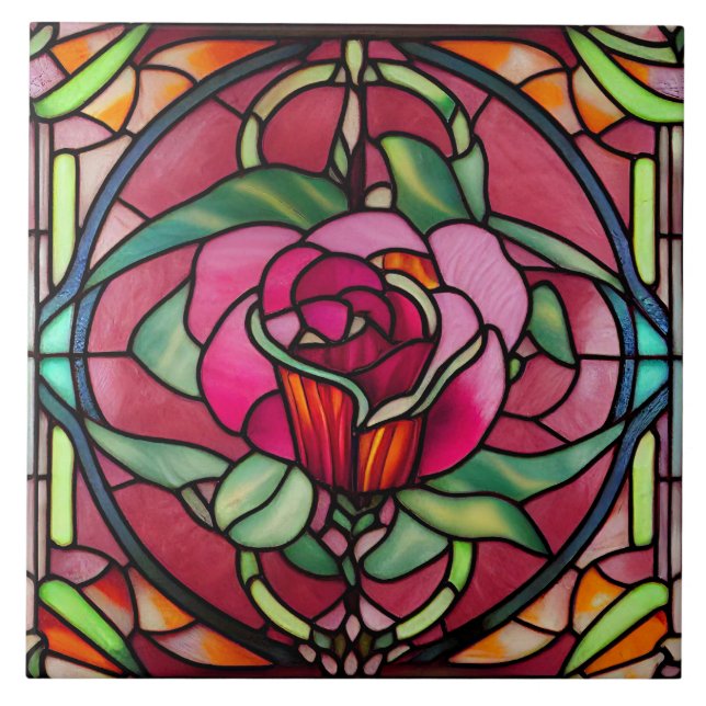 Red Burgundy Rose Floral Stained Glass Style Ceramic Tile (Front)