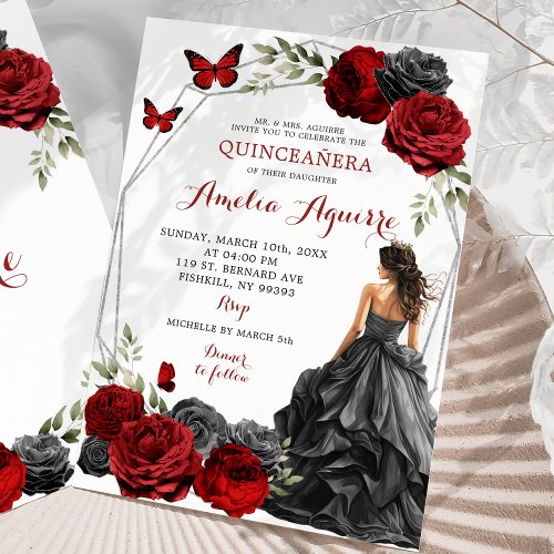 Red Burgundy Roses Black Dress Quinceaera Invitation