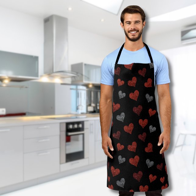 Red Burgundy Silver Glitter Hearts on Black Apron (Creator Uploaded)