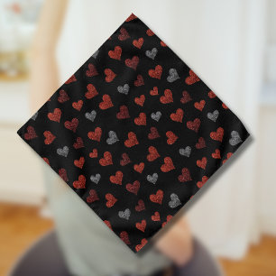 Red Burgundy Silver Glitter Hearts on Black Bandana