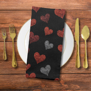 Red Burgundy Silver Glitter Hearts on Black Cloth Napkin