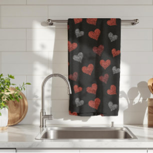 Red Burgundy Silver Glitter Hearts on Black Kitchen Towel