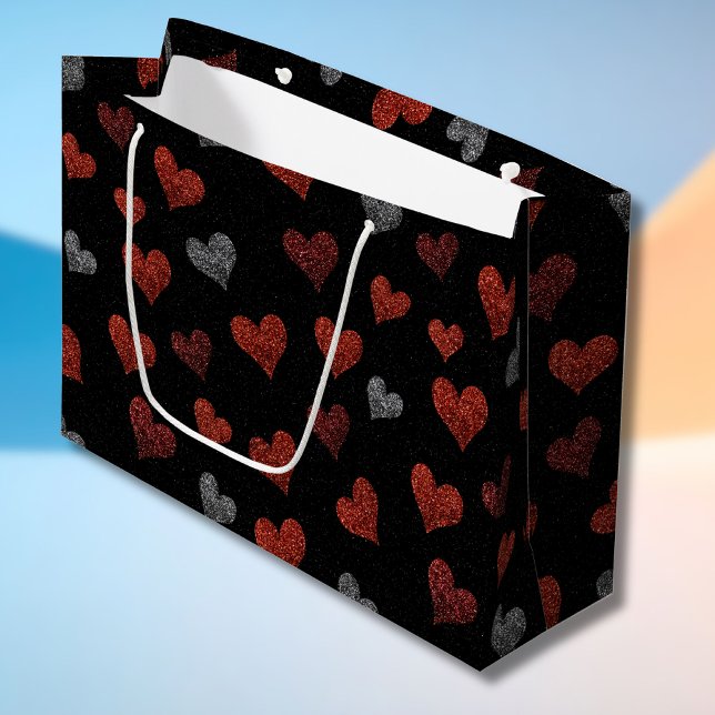 Red Burgundy Silver Glitter Hearts on Black Large Gift Bag (Creator Uploaded)