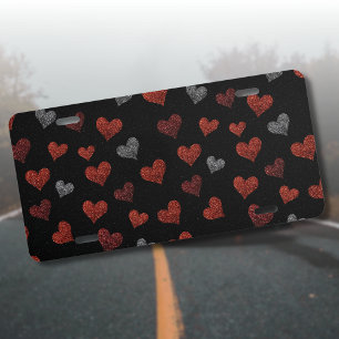 Red Burgundy Silver Glitter Hearts on Black License Plate