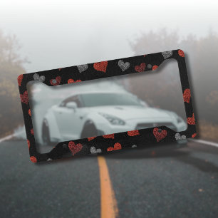 Red Burgundy Silver Glitter Hearts on Black License Plate Frame