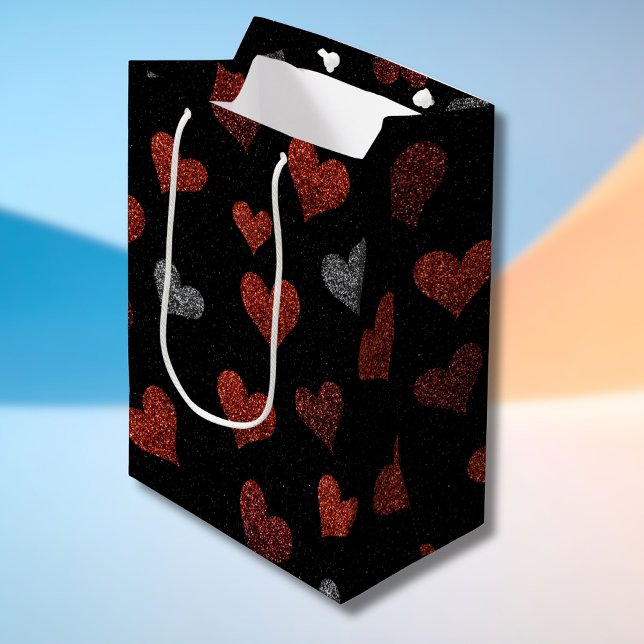 Red Burgundy Silver Glitter Hearts on Black Medium Gift Bag (Creator Uploaded)