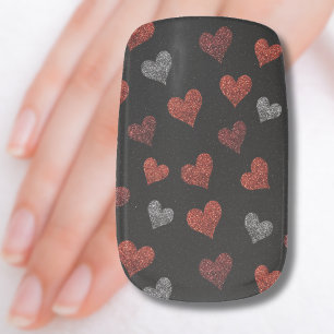 Red Burgundy Silver Glitter Hearts on Black Minx Nail Art