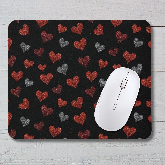 Red Burgundy Silver Glitter Hearts on Black Mouse Pad (Creator Uploaded)