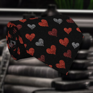 Red Burgundy Silver Glitter Hearts on Black Neck Tie