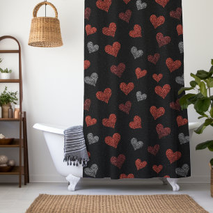 Red Burgundy Silver Glitter Hearts on Black Shower Curtain