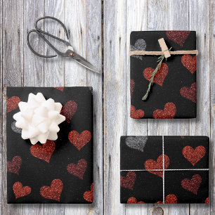 Red Burgundy Silver Glitter Hearts on Black Wrapping Paper Sheets