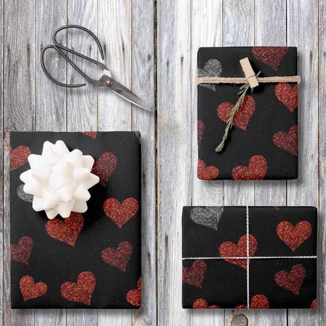 Red Burgundy Silver Glitter Hearts on Black Wrapping Paper Sheets (Creator Uploaded)
