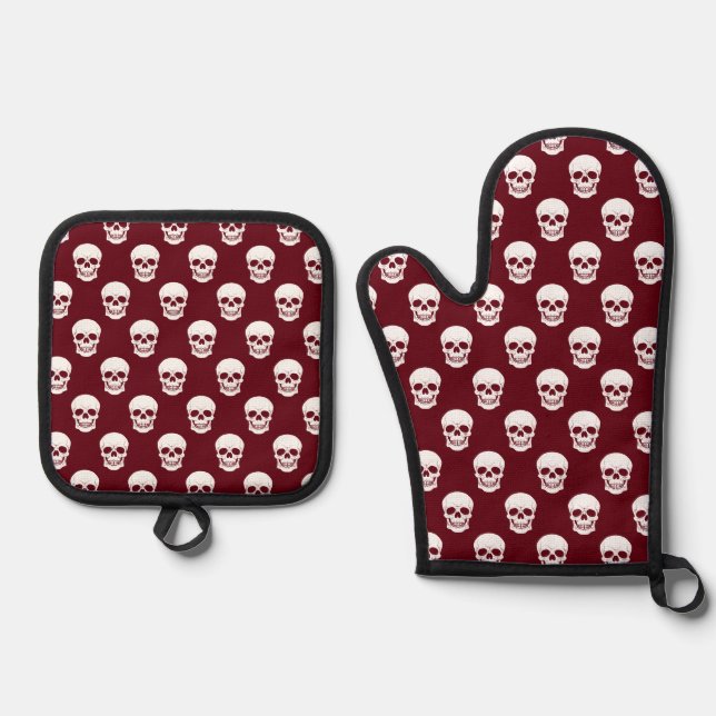 Red Burgundy Skull Head Pattern Modern Halloween Oven Mitt & Pot Holder Set (Front)