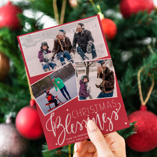 Red burgundy snowing Christmas blessings 3 photos Holiday Card