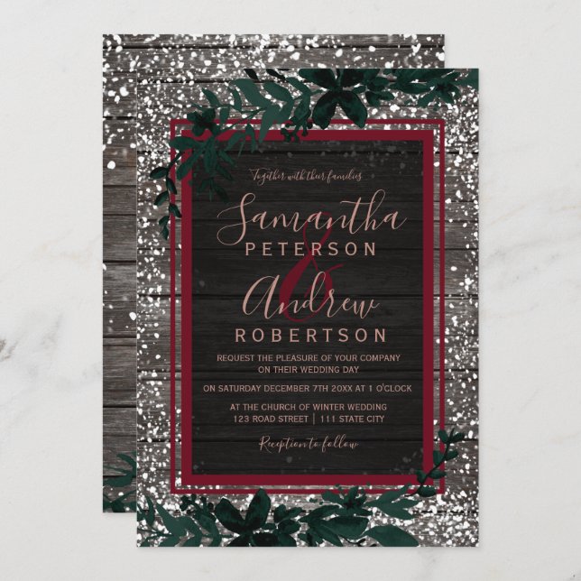 Red burgundy typography leaf snow wood wedding invitation (Front/Back)