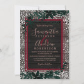 Red burgundy typography leaf snow wood wedding invitation (Front)