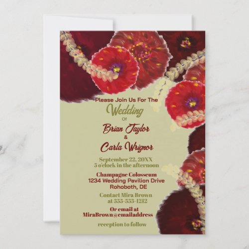 Red  Burgundy Watercolor Boho Wheat Wedding Invitation