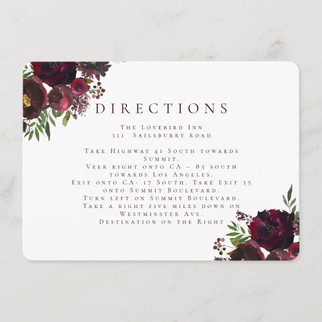 Red Burgundy Watercolor Floral Wedding Directions Enclosure Card (Front)