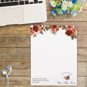 Red burgundy watercolor roses, Business name Letterhead