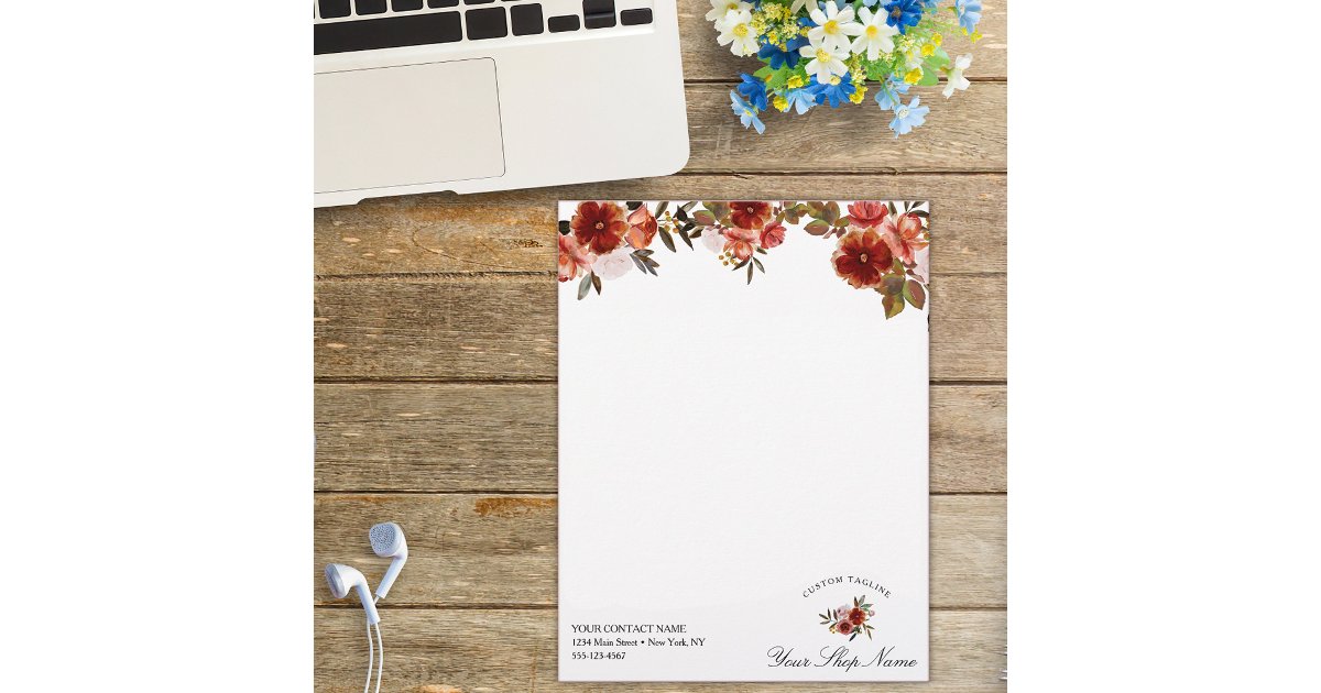 Rust Roses Letter Head Red burgundy watercolor roses, Business name Letterhead | Zazzle