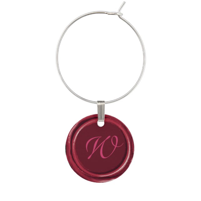 RED BURGUNDY WAX SEAL  MONOGRAM WINE GLASS CHARM (Front)