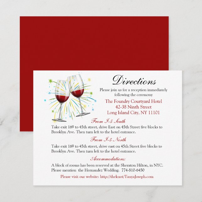 Red burgundy Wedding  Directions Wine Glasses Invitation (Front/Back)