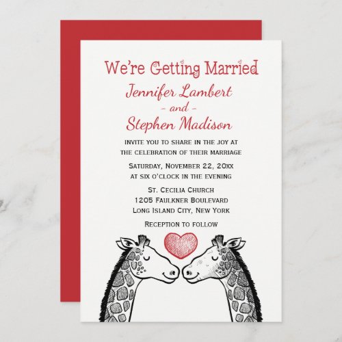 Red Burgundy Wedding Giraffe Love Heart Cartoon Invitation