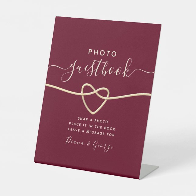 Red Burgundy Wedding Photo Guestbook Pedestal Sign (Front)