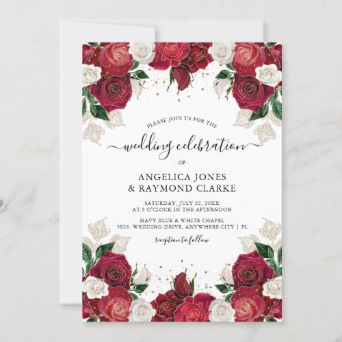 Red Burgundy  White Floral Elegant Wedding Invitation