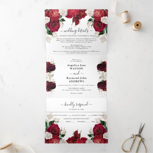 Red Burgundy  White Floral Elegant Wedding Tri_Fold Invitation
