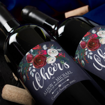 Red Burgundy White Navy Blue Floral Cheers Wedding Wine Label by invitations_kits at Zazzle