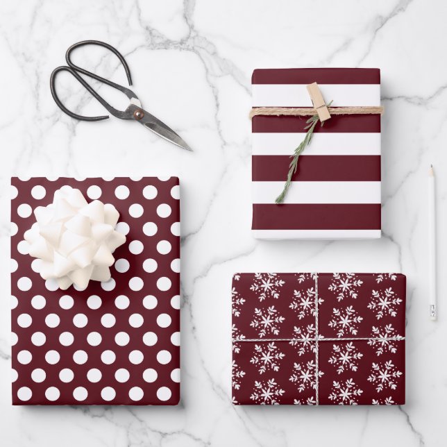 Red Burgundy White Polka Dots Stripes Snowflakes Wrapping Paper Sheets (Front)