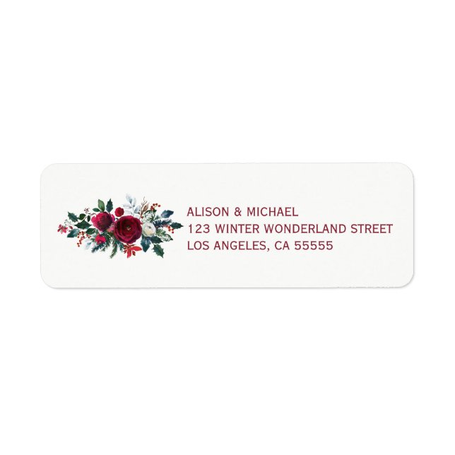 Red burgundy winter peonies wedding elegant chic label (Front)