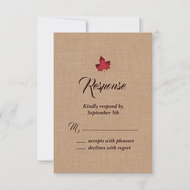 Red Burlap Maple Leaf RSVP Card (Front)