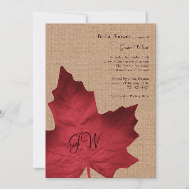 Red Burlap Monogrammed Bridal Shower Invitation (Front)