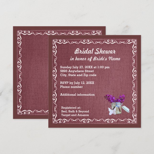 Red Burlap, Purple Flowers, Jar Bridal Shower Inv Invitation (Front/Back)
