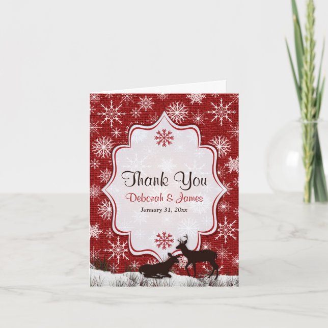 Red Burlap, Snowflakes, Deer PHOTO Thank You Card (Front)