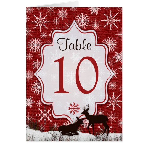 Red Burlap Snowflakes Deer Table Number Card