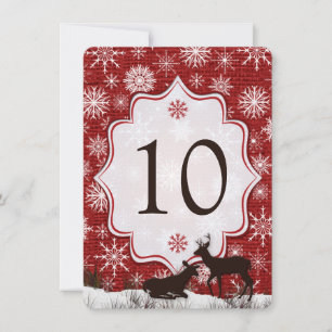 Red Burlap, Snowflakes, Deer Wedding Table Number