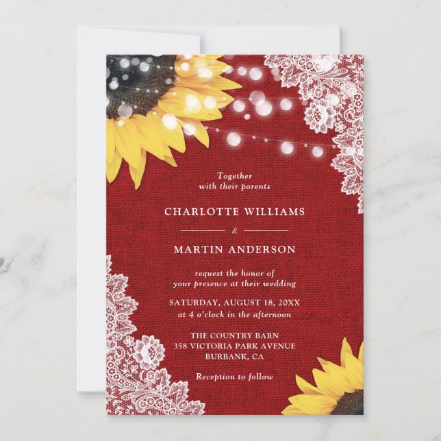 Red Burlap Sunflower Floral Lace Wedding Invitation (Front)